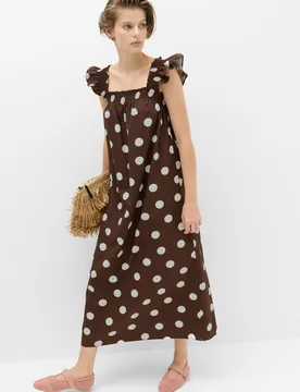 Pure Cotton Polka Dot Midi Shirred Dress Chocolate Mix female - M&S - FashionsVida