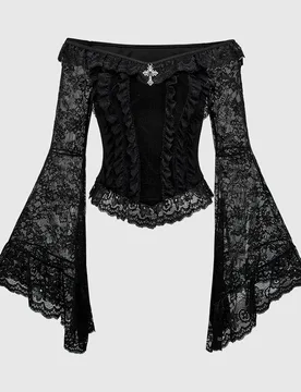 Blusa de terciopelo con hombros descubiertos, mangas acampanadas y encaje en contraste con decoración de cruz al estilo del palacio gótico, para muj - Shein - FashionsVida