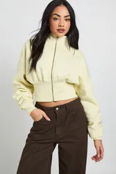 Womens Funnel Neck Cinched Waist Zip Through - Yellow Cotton - Size Large