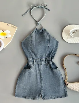 Mono vaquero con espalda descubierta y cuello halter para mujer S - Shein - FashionsVida