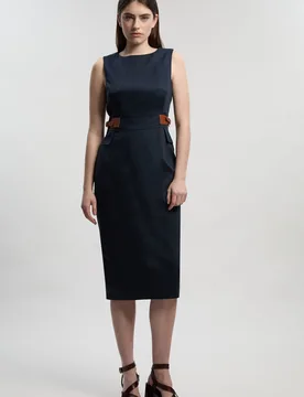 Womens Tailored Linen Tab Waist Pencil Midi Dress - Navy Lyocell - Size 10 Uk - Karen millen - FashionsVida