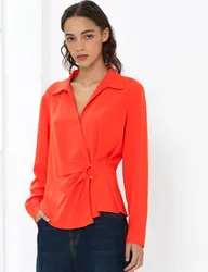 Collared Waisted Wrap Detail Blouse Orange female
