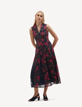 Floral Embroidered V Neck Midi Skater Dress Pink Mix female - Hobbs - FashionsVida