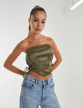 Womens Lace Up Corset Top - Khaki - Size Small - Pink Vanilla - FashionsVida