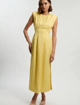 Women's Viscose Linen Woven Pintuck Midi Dress in Lemon Size: 8 - Lemon - Size: 8 - Karen millen - FashionsVida