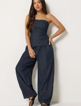 Women's Petite Denim Bandeau Top & Wide Leg Trousers in Blue Size: 10 - Blue - Size: 10 - PixieGirl - FashionsVida