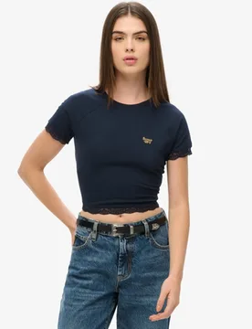 Superdry Damen Marineblau T-Shirt mit Spitzenbesatz im Stil der 90er Logostick, Größe: 40 - 39.99 - FashionsVida