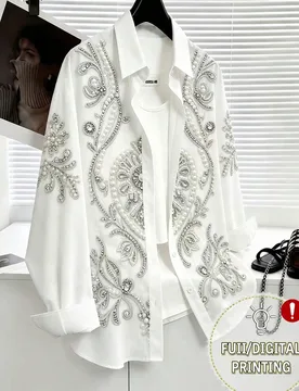 Blusa casual de mujer con decoración de perlas falsas e impresión digital M - Shein - FashionsVida