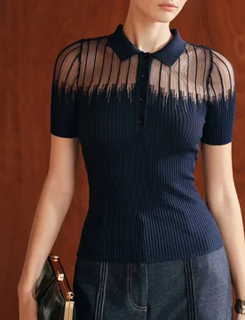 Top de punto tipo polo azul marino para mujer de principios de otoño, camiseta versátil y elegante para el día a día XL - Shein - FashionsVida