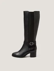 Leather Block Heel Knee High Boots Black female
