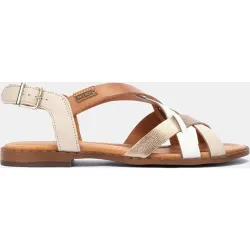 Sandalias planas de mujer de piel de tiras trenzadas y atadas al tobillo