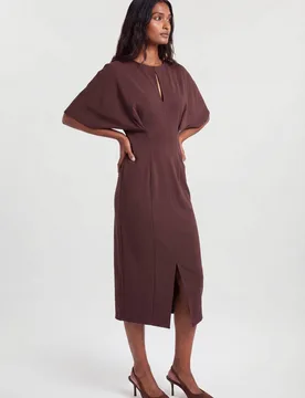 Women's Pleat Detail Ponte Keyhole Midi Dress in Chocolate Size: Small - Chocolate - Size: S - Karen millen - FashionsVida