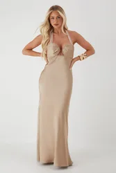 Womens Ruched Bust Cup Halter Neck Maxi Dress - Champagne - Size 8 Uk