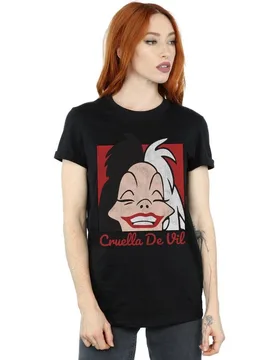 Women's Cruella De Vil Cropped Head Cotton Boyfriend T-Shirt in Black Size: Medium - Black - Size: M - Disney - FashionsVida