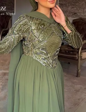 Classic green chiffon floor-length formal gown featuring a V-neck long sleeves beadwork and draping details - Aliexpress - FashionsVida