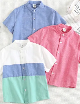 Piezas/Set Camisas tejidas de manga corta con cuello alto y bloques de color para niños jóvenes, casual de verano, a juego con la familia, para la e - Shein - FashionsVida