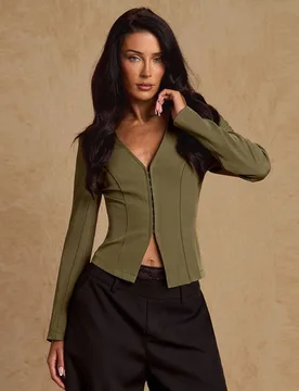 Chaqueta elegante y minimalista de manga larga con cuello de camisa, botones delanteros y color verde militar para mujer, para primavera/otoño S - Shein - FashionsVida