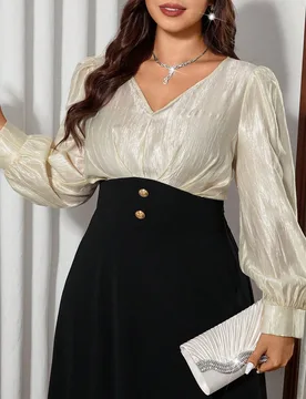 Vestido midi elegante de talla grande con bloques de color, manga larga, cuello en V, cintura con botones, ajustado, negro y albaricoque, para otoño, - Shein - FashionsVida