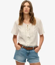 Superdry Women's Kurzärmeliges Oberteil mit Stickerei und Knöpfen Creme - Größe: 38