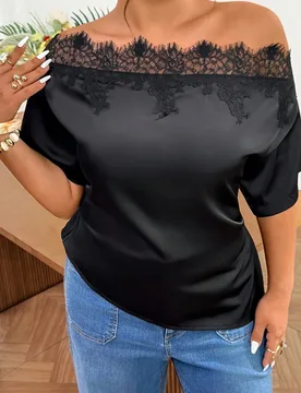 Blusa elegante de talla grande con encaje de contraste, hombro asimétrico y cintura ceñida, top de satén negro de verano con un hombro descubierto, - Shein - FashionsVida