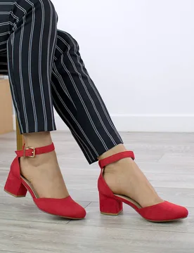 Women's Mid Block Heel Buckle Ankle Strap 2 Part Heels in Red Size: 5 - Red - Size: 5 - Ajvani - FashionsVida
