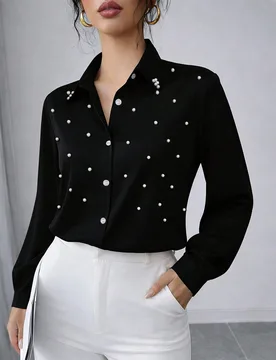 Nueva llegada de moda camisa casual versátil para mujer con botones de perlas negras XXL - Shein - FashionsVida