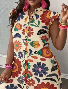 Vestido casual de vacaciones con estampado floral y botones delanteros para tallas grandes 1XL - Shein - FashionsVida