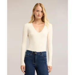 Jersey de mujer de canalé plano con escote en v ajuste entallado largo medio