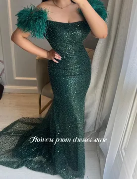 Flowers Beading Evening Dress with Feathers Prom Dress Green Glitter Party Dress for Women vestidos de fiesta Customized - Aliexpress - FashionsVida