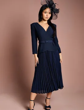 Women's Petite Crepe Bodice Long Sleeve Pleated Midi Dress in Navy Size: 4 - Navy - Size: 4 - Coast - FashionsVida