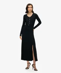 Superdry Damen Midikleid mit Halblanger Knopfleiste Schwarz - Größe: 44
