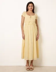Broderie Front Tie Midi Dress - S / LEMON - female