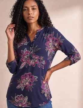 Women's Floral Puff Print Stretch Shirt in Mid Navy Size: 14 - Mid Navy - Size: 14 - Roman - FashionsVida