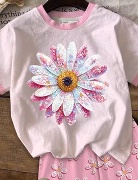 Set de 2 piezas de camiseta de manga corta y pantalones cortos con estampado floral de margaritas casual y lindo para niñas preadolescentes, adecuado - Shein - FashionsVida