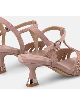 Sandalias de tacón de mujer en piel con múltiples tiras con transfer y cierre de hebilla - Alma en Pena - FashionsVida