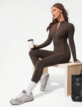FeatherFit™-Air Glow Giver Mono de manga larga de uso diario para actividad de bajo impacto con cremallera frontal, paneles laterales acanalados, co - Shein - FashionsVida