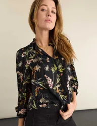 Satin Floral Relaxed Puff Sleeve Blouse Black female