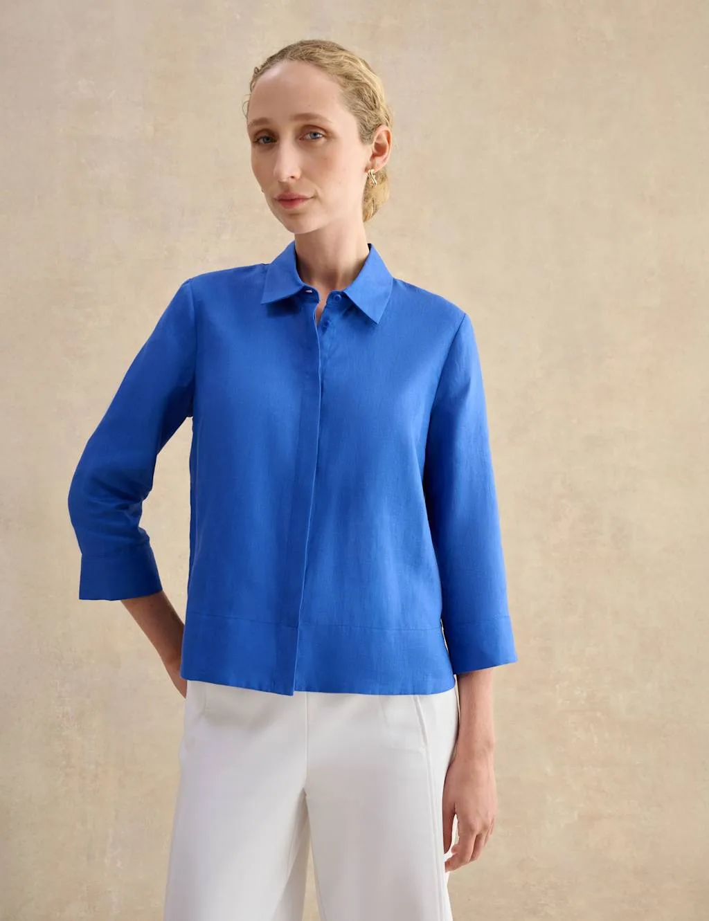Pure Linen Collared Blouse Blue female - Hobbs - FashionsVida