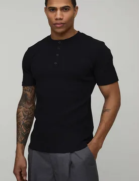 Mens Muscle Fit Rib Henley Neck Short Sleeve T-Shirt - Black Cotton - Size X-Large - boohooMAN - FashionsVida