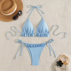 Traje de baño para mujer, conjunto de bikini de dos piezas con cuello de halter, volantes y lazo en unicolor para el verano M