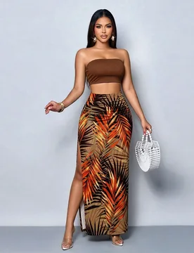 Conjunto de vestido maxi estampado con hojas de palma tropicales sin tirantes para mujer - Moda callejera, casual de negocios festiva, uso versátil d - Shein - FashionsVida
