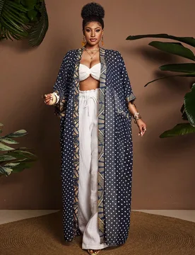 Cárdigan holgado y largo de mujer talla grande de gasa con estampado de agua, lunares, patchwork, colorblock y estampado geométrico 3XL - Shein - FashionsVida