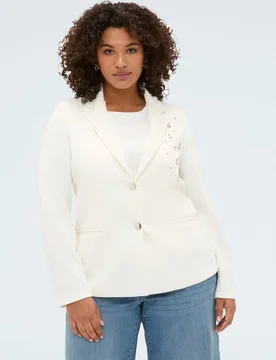 Blazer de mujer en scuba con aplicaciones de cristal aplicaciones decorativas en la parte delantera y bolsillos frontales - Fiorella Rubino - FashionsVida