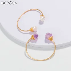 Raw Purple Crystal Quartz Amethysts Bangle Golden Color Natural White Pearl Open Adjustable Bangles Bracelets for Women Jewelry