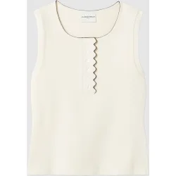 Top de punto de mujer sin mangas con cuello redondo y tapeta tipo polo