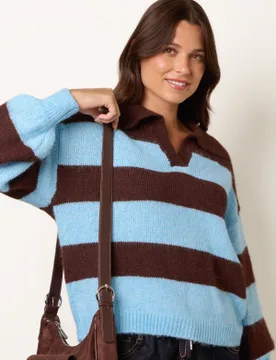 Polo Collar Striped Long Sleeve Jumper - M/L / CHOCOLATE/BLUE - female - Blue Vanilla - FashionsVida