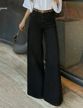 Jeans casuales sueltos de pierna recta con cinturón de unicolor negro para mujer otoño S - Shein - FashionsVida
