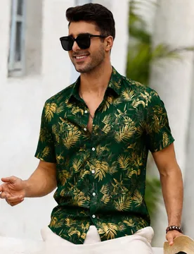 Camisa de vacaciones de manga corta con estampado de plantas tropicales y abotonadura sencilla para hombre S - Shein - FashionsVida
