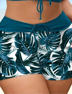 Pantalones de baño de talle alto con cordón, estampado de hojas de unicolor y parches, fondo de traje de baño de vacaciones en la playa de moda min - Shein - FashionsVida