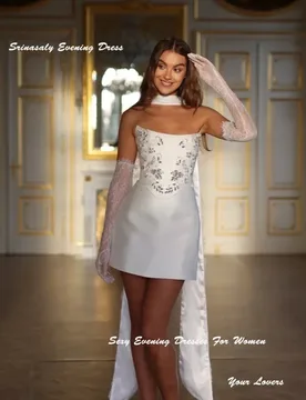 Customized Satin Short Wedding Dresses with Half Lace Sleeve Strapless Vestidos De Novia Luxurious Crystal Mini Bridal Gowns - Aliexpress - FashionsVida
